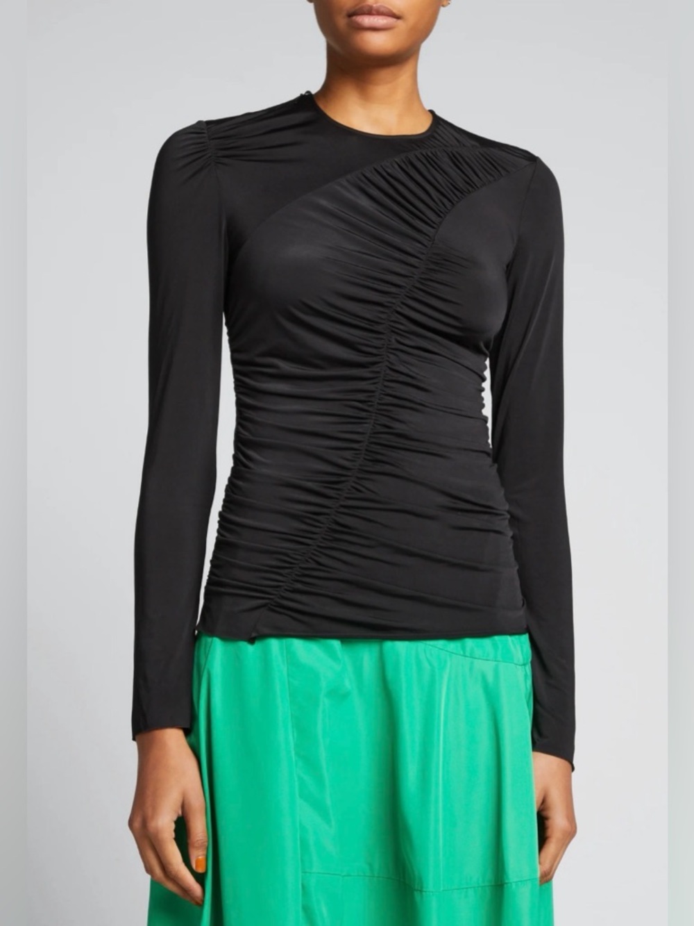 Tibi Ruched Jersey Crewneck Long Sleeve Top Black|Size 2 Minimal Draped Designer